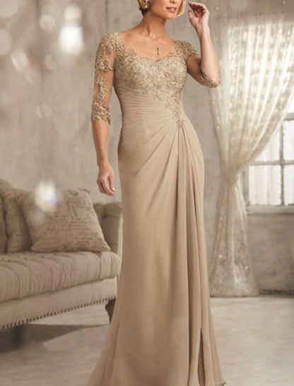 Sheath / Column Mother of the Bride Dress Wedding Guest Plus Size Sexy See Through V Neck Floor Length Chiffon Lace Half Sleeve with Lace