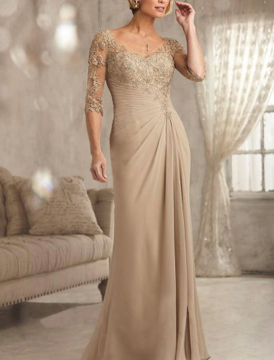 Sheath / Column Mother of the Bride Dress Wedding Guest Plus Size Sexy See Through V Neck Floor Length Chiffon Lace Half Sleeve with Lace