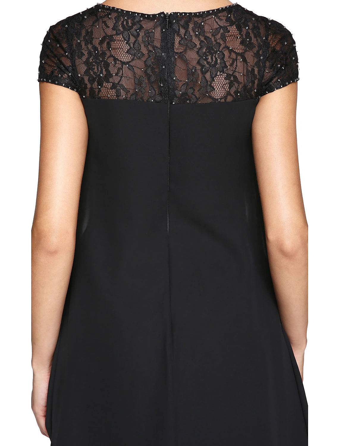 Vestido de madre de la novia de corte A, talla grande, elegante, cuello ilusión, largo hasta la rodilla, gasa, encaje, manga corta con lentejuelas