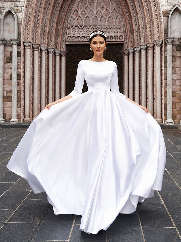 Vestidos de novia de corte A/princesa, satén, lazo, escote barco, mangas 3/4, cola larga
