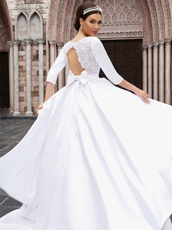 Vestidos de novia de corte A/princesa, satén, lazo, escote barco, mangas 3/4, cola larga