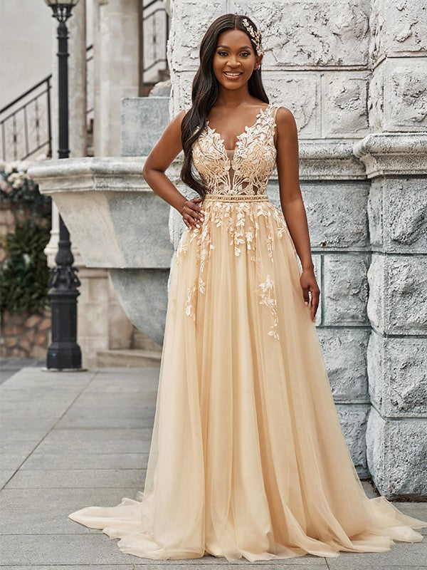 Vestidos de novia de corte A/princesa, sin mangas, de tul, escote en V, apliques y cola larga