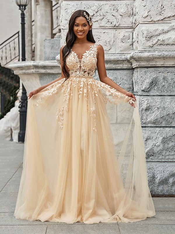 Vestidos de novia de corte A/princesa, sin mangas, de tul, escote en V, apliques y cola larga