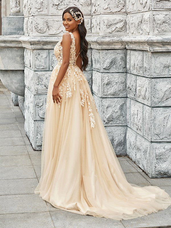 Vestidos de novia de corte A/princesa, sin mangas, de tul, escote en V, apliques y cola larga