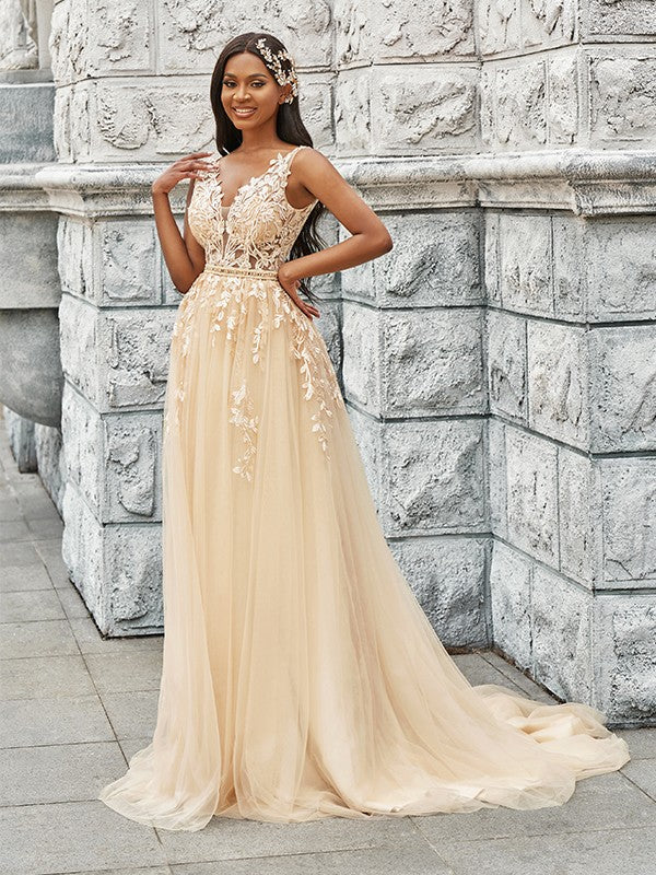 Vestidos de novia de corte A/princesa, sin mangas, de tul, escote en V, apliques y cola larga