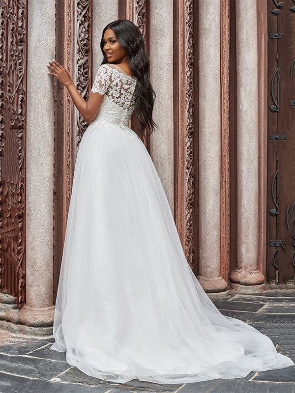 Vestidos de novia de corte A/princesa, escote redondo, tul, apliques, mangas cortas y cola larga