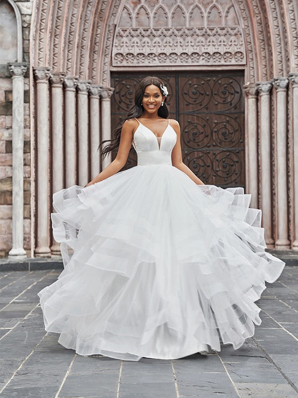Vestidos de novia de corte A/princesa, de tul, escote en V, volantes, sin mangas y hasta el suelo