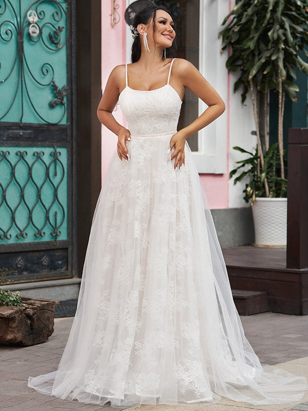 Vestidos de novia de corte A/princesa, con encaje, volantes, tirantes finos, sin mangas y cola larga