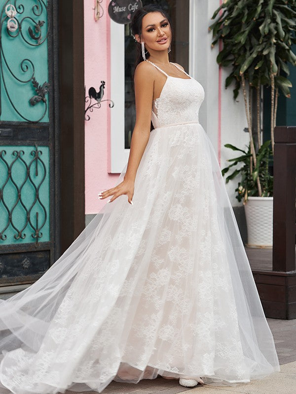 Vestidos de novia de corte A/princesa, con encaje, volantes, tirantes finos, sin mangas y cola larga