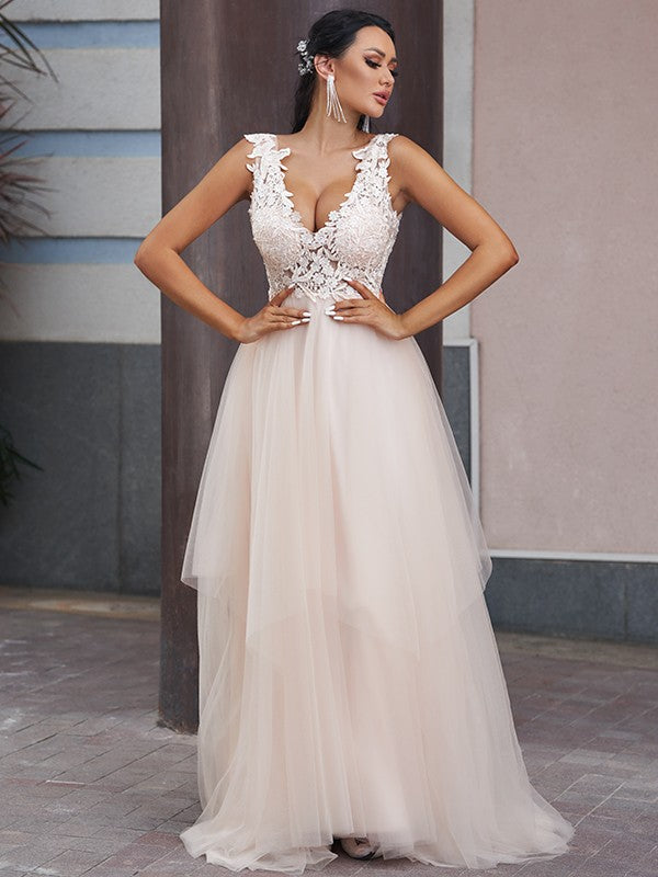 Vestidos de novia de corte A/princesa, con apliques de tul, escote en V, sin mangas y cola larga