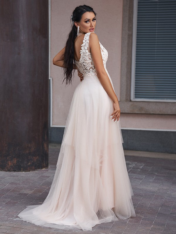 Vestidos de novia de corte A/princesa, con apliques de tul, escote en V, sin mangas y cola larga