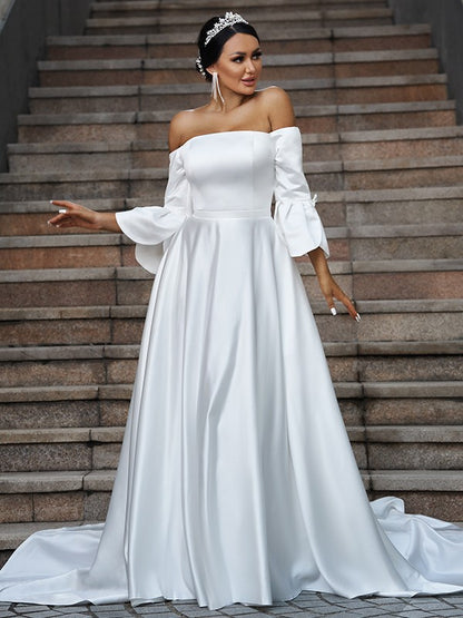A-Linie/Princess-Linie Charmeuse Rüschen Schulterfrei 3/4 Ärmel Sweep/Pinsel zug Brautkleider