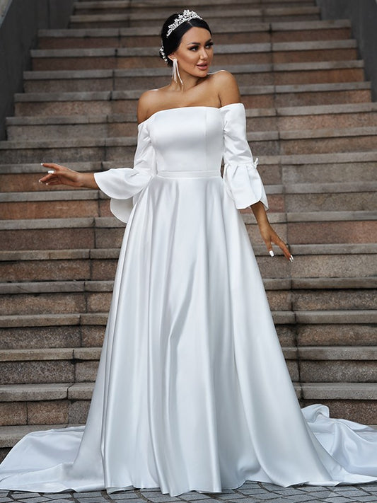 A-Linie/Princess-Linie Charmeuse Rüschen Schulterfrei 3/4 Ärmel Sweep/Pinsel zug Brautkleider