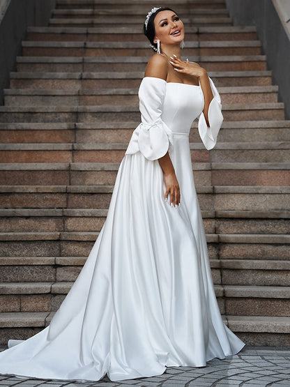 A-Linie/Princess-Linie Charmeuse Rüschen Schulterfrei 3/4 Ärmel Sweep/Pinsel zug Brautkleider
