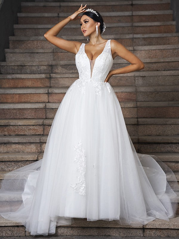 Vestidos de novia de corte A/princesa, con apliques de tul, escote en V, sin mangas y cola larga