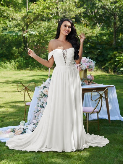 A-Linie/Princess-Linie Chiffon Rüschen Schulterfrei Ärmellos Sweep/Pinsel zug Brautkleider