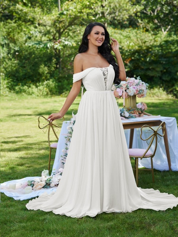 A-Linie/Princess-Linie Chiffon Rüschen Schulterfrei Ärmellos Sweep/Pinsel zug Brautkleider
