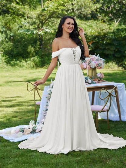 A-Linie/Princess-Linie Chiffon Rüschen Schulterfrei Ärmellos Sweep/Pinsel zug Brautkleider