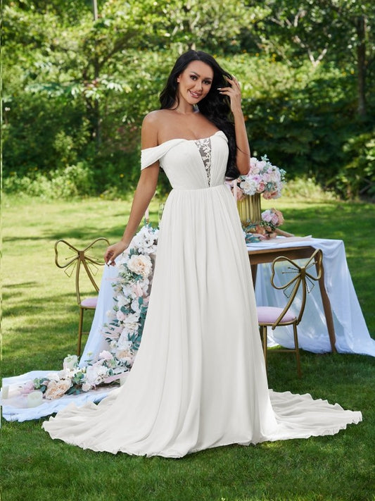 A-Linie/Princess-Linie Chiffon Rüschen Schulterfrei Ärmellos Sweep/Pinsel zug Brautkleider