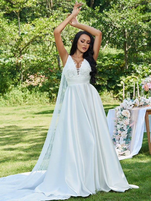 Vestidos de novia de corte A/princesa, de satén, con apliques, escote en V, sin mangas y cola larga
