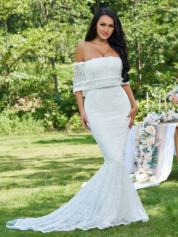 Trumpet/Mermaid Lace Ruffles Strapless Sleeveless Sweep/Brush Train Wedding Dresses