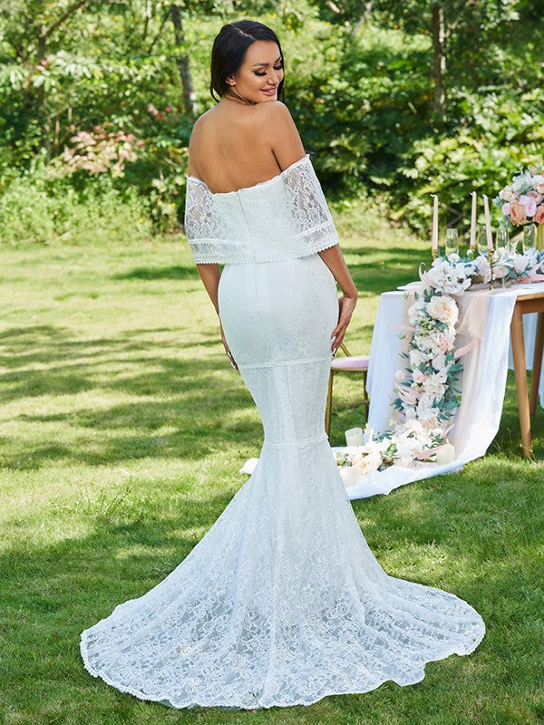Trumpet/Mermaid Lace Ruffles Strapless Sleeveless Sweep/Brush Train Wedding Dresses