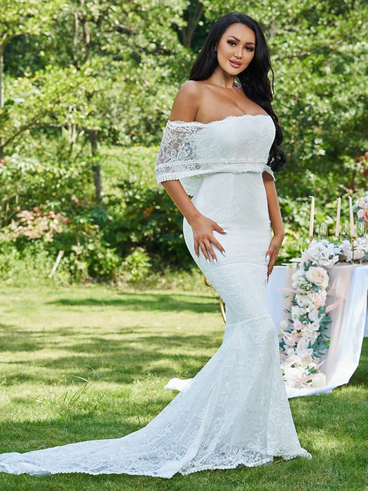 Trumpet/Mermaid Lace Ruffles Strapless Sleeveless Sweep/Brush Train Wedding Dresses
