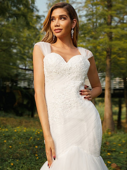 Trumpet/Mermaid Tulle Applique Sweetheart Sleeveless Sweep/Brush Train Wedding Dresses