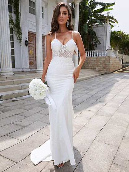 Vestidos de novia con escote en V, sin mangas, de crepé elástico, con cola larga y corte tubo/columna