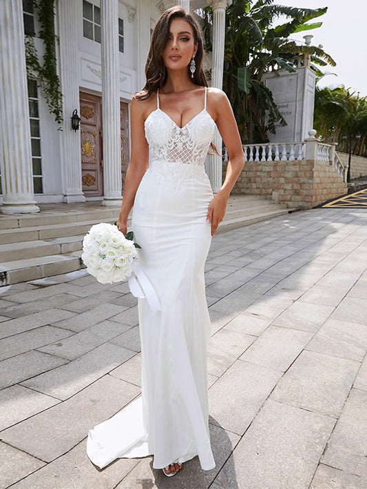 Vestidos de novia con escote en V, sin mangas, de crepé elástico, con cola larga y corte tubo/columna