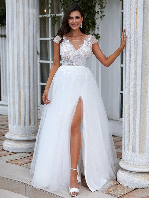 Vestidos de novia de corte A/princesa con apliques de encaje, escote redondo, mangas cortas y cola larga