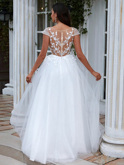 Vestidos de novia de corte A/princesa con apliques de encaje, escote redondo, mangas cortas y cola larga