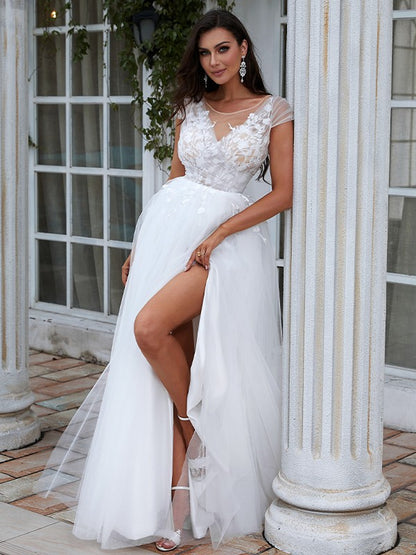 Vestidos de novia de corte A/princesa con apliques de encaje, escote redondo, mangas cortas y cola larga