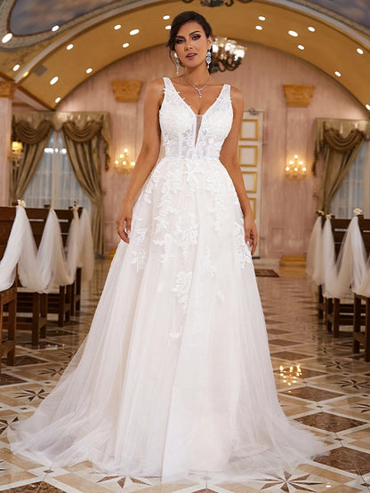 Vestidos de novia de corte A/princesa con apliques de encaje, escote en V, sin mangas y cola larga