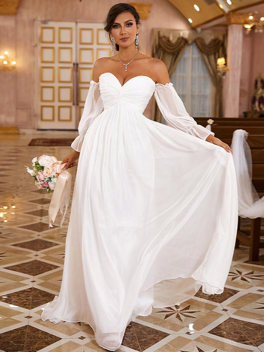 A-Linie/Princess-Linie 30D Chiffon Rüschen Schulterfrei Lange Ärmel Sweep/Pinsel zug Brautkleider