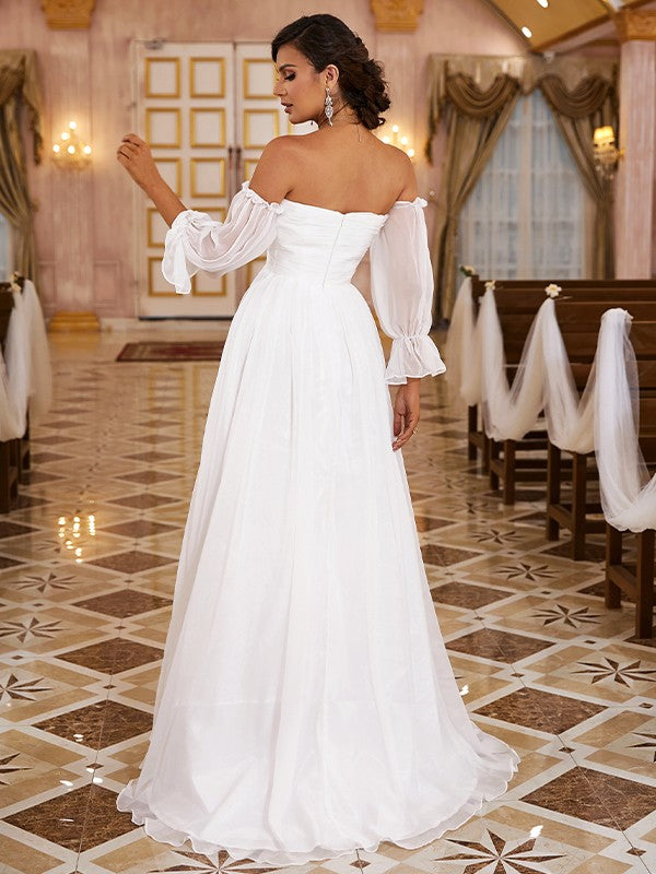 A-Linie/Princess-Linie 30D Chiffon Rüschen Schulterfrei Lange Ärmel Sweep/Pinsel zug Brautkleider
