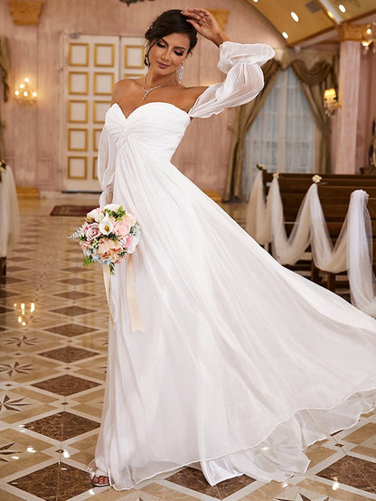 A-Linie/Princess-Linie 30D Chiffon Rüschen Schulterfrei Lange Ärmel Sweep/Pinsel zug Brautkleider
