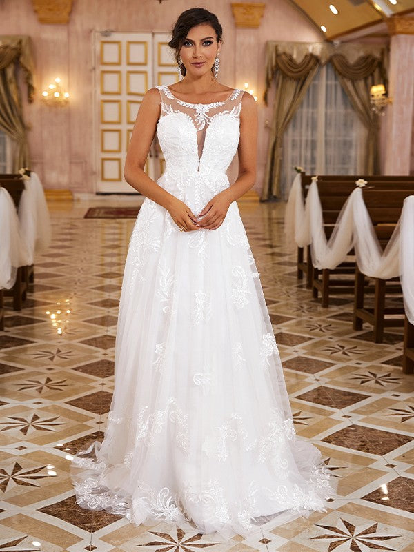 A-Linie/Princess-Linie Spitze Applikationen U-Ausschnitt Ärmellos Sweep/Pinsel zug Brautkleider