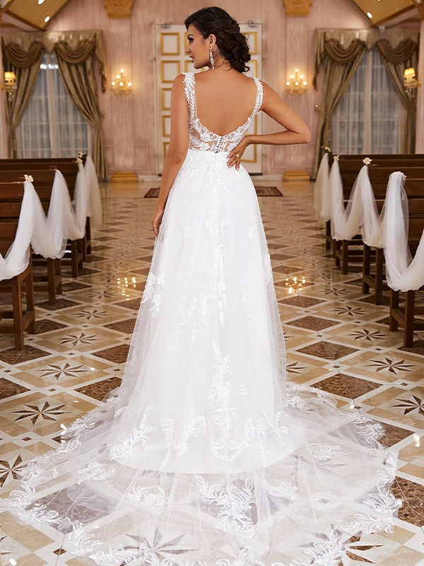 A-Linie/Princess-Linie Spitze Applikationen U-Ausschnitt Ärmellos Sweep/Pinsel zug Brautkleider