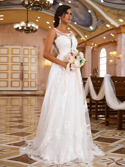 A-Linie/Princess-Linie Spitze Applikationen U-Ausschnitt Ärmellos Sweep/Pinsel zug Brautkleider