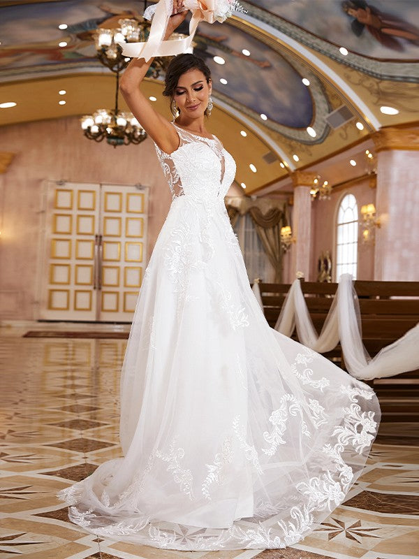 A-Linie/Princess-Linie Spitze Applikationen U-Ausschnitt Ärmellos Sweep/Pinsel zug Brautkleider