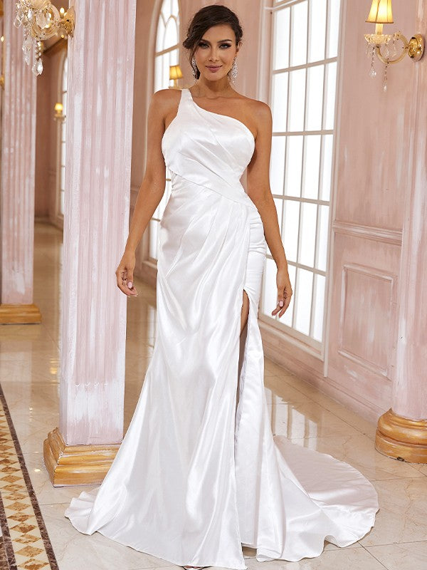 Sheath/Column Satin Ruched One-Shoulder Sleeveless Sweep/Brush Train Wedding Dresses