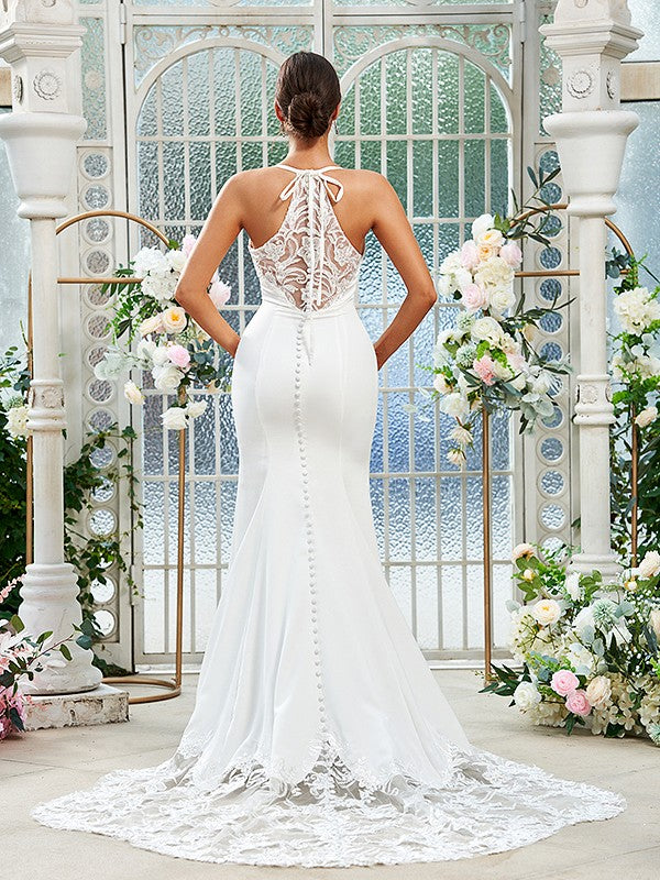 Vestidos de novia con corte tubo/columna, encaje crepé elástico, tirantes finos, sin mangas y cola larga