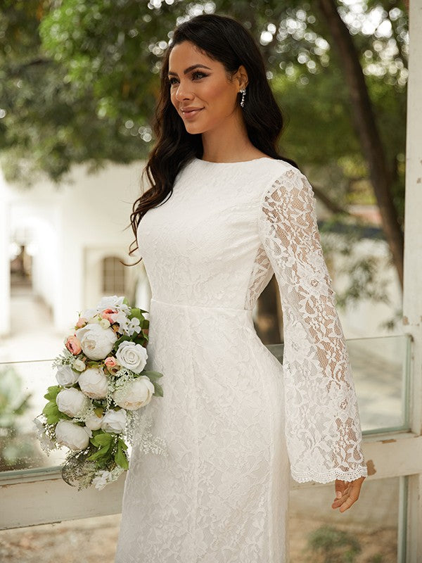 Sheath/Column Lace Scoop Long Sleeves Floor-Length Wedding Dresses