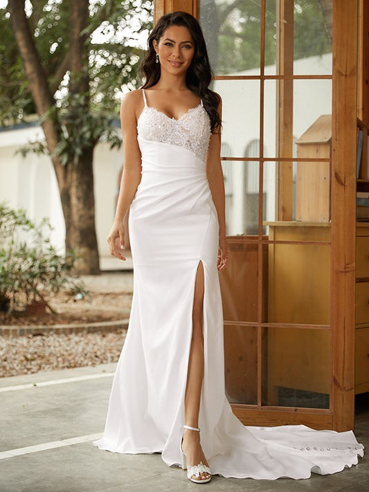 Vestidos de novia con escote en V, sin mangas, de crepé elástico, con cola larga y corte tubo/columna
