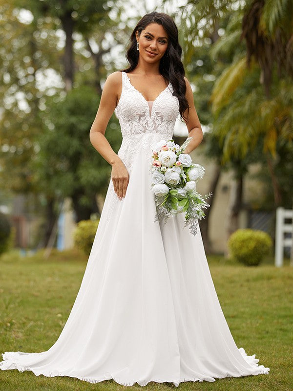 Vestidos de novia de corte A/princesa, de gasa, encaje, escote en V, sin mangas y cola de corte