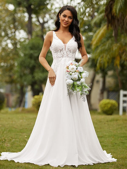 Vestidos de novia de corte A/princesa, de gasa, encaje, escote en V, sin mangas y cola de corte