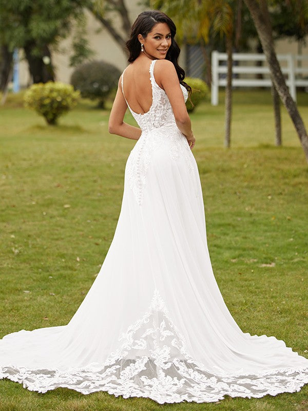 Vestidos de novia de corte A/princesa, de gasa, encaje, escote en V, sin mangas y cola de corte
