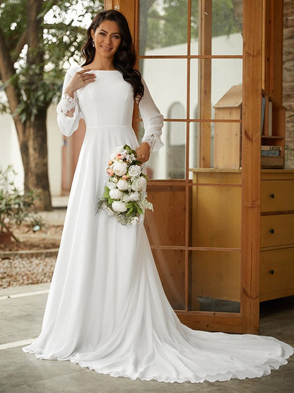 Vestidos de novia de corte A/princesa, de gasa, encaje, escote redondo, mangas largas y cola de corte