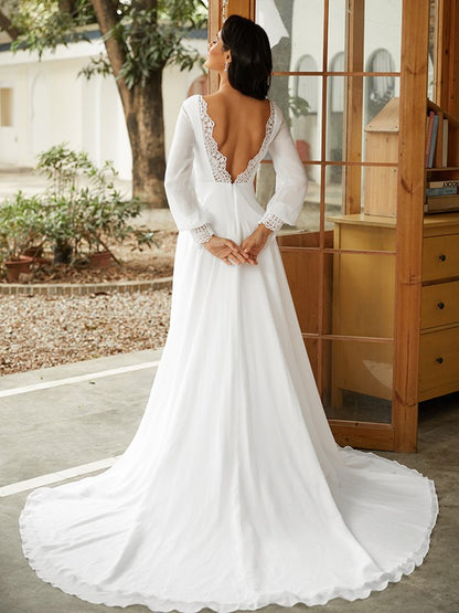 Vestidos de novia de corte A/princesa, de gasa, encaje, escote redondo, mangas largas y cola de corte